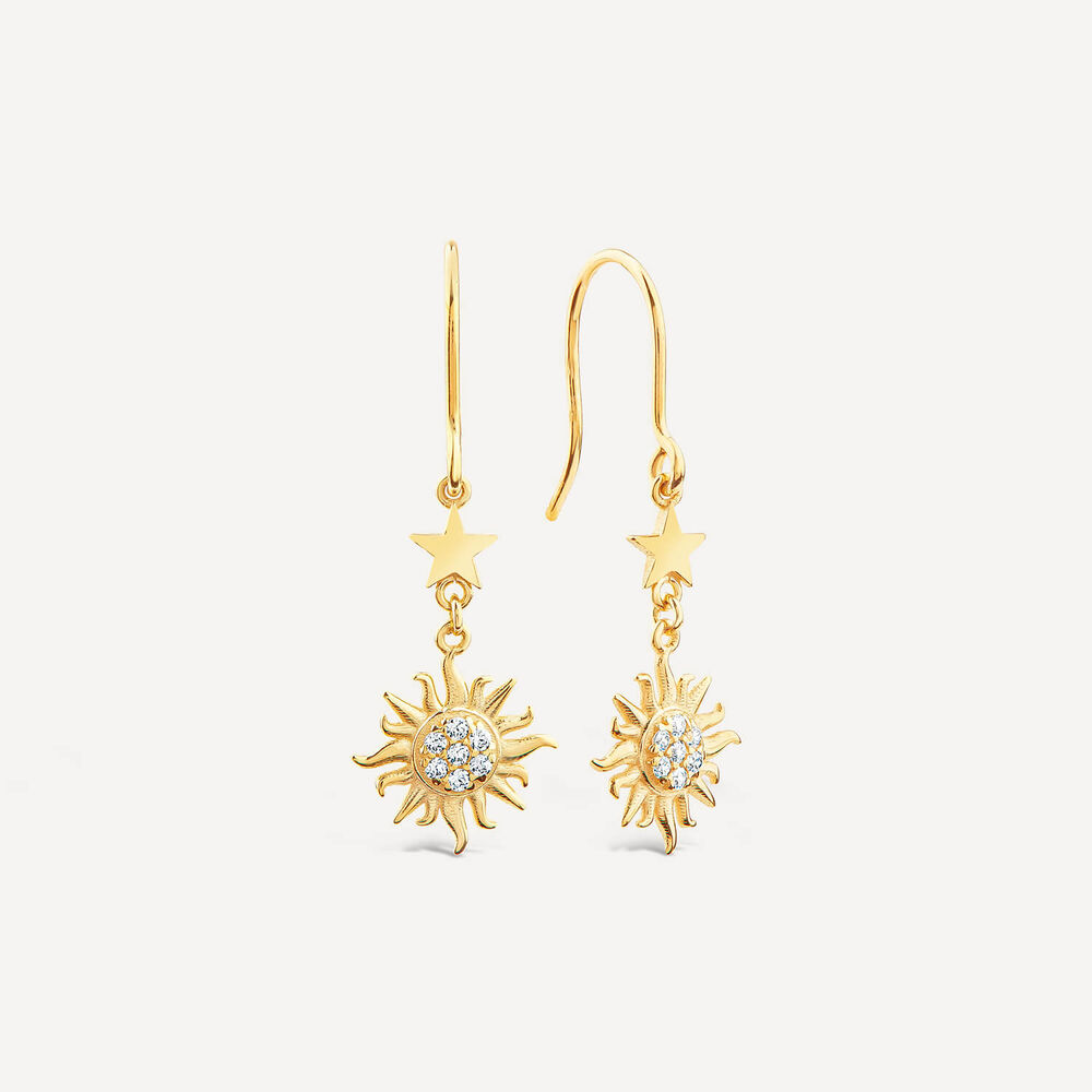 9ct Yellow Gold Cubic Zirconia Sun & Moon & Star Drop Earrings