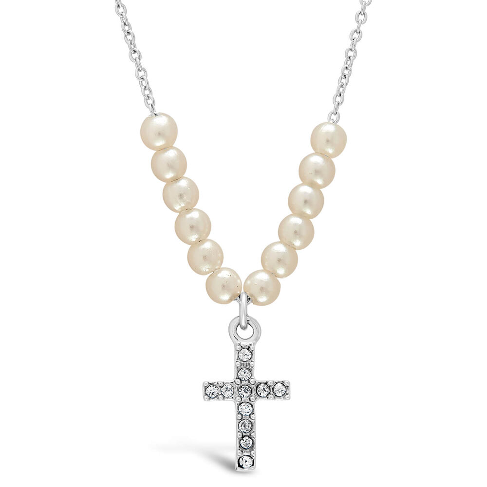 Silver Plated Pearl Chain With Cubic Zirconia Cross image number 0
