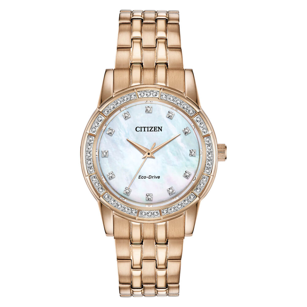 Citizen Eco Drive Silhouette Crystal Mother Of Pearl Dial Rose Gold PVD Case Bracelet Watch