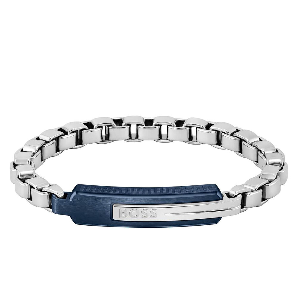 BOSS Orlado Steel Chain & Blue IP Plate Bracelet image number 0