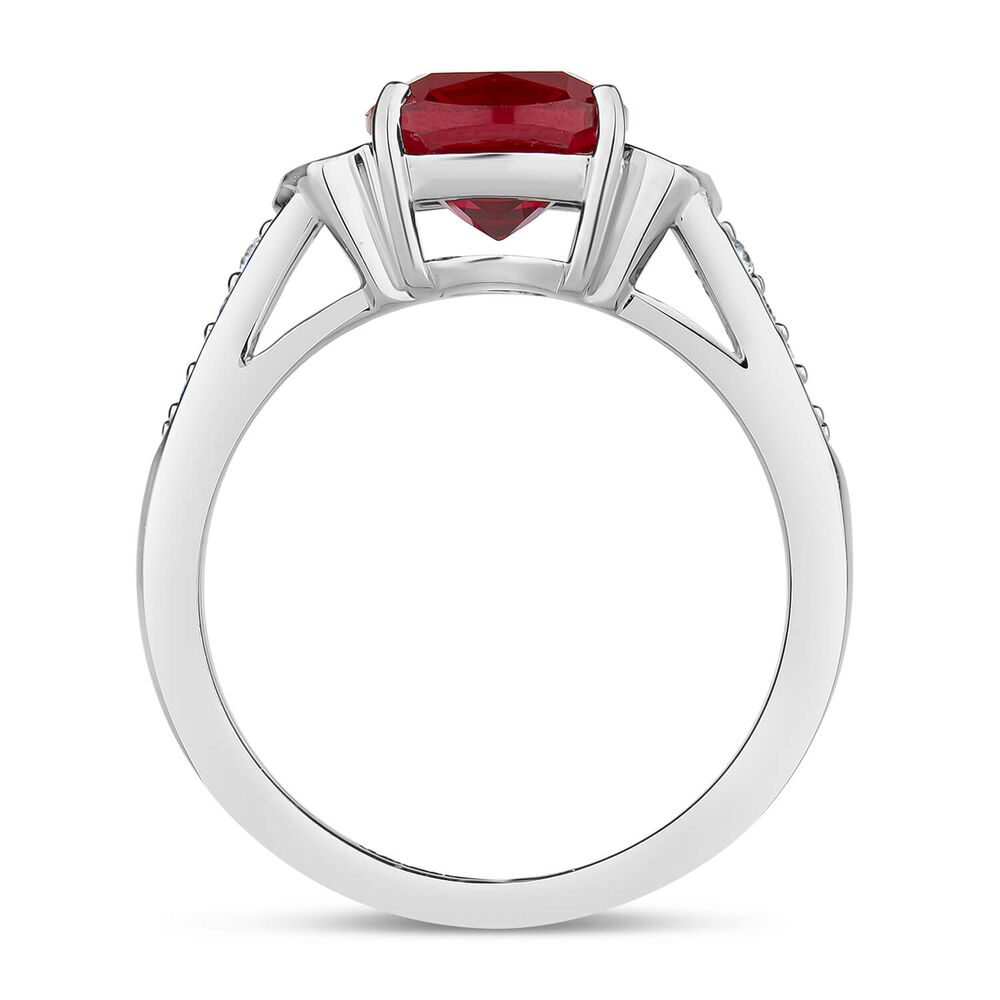 9ct White Gold Cushion Created Ruby With Cubic Zirconia Shoulders & Ladies Ring image number 2