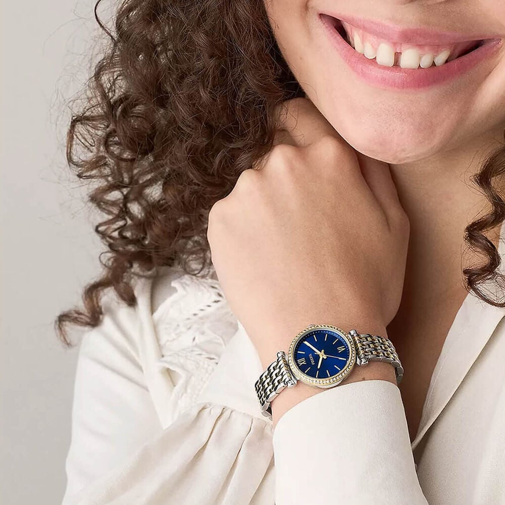 Fossil Carlie 28mm Blue Dial Two Tone Stainless Steel Bracelet Watch image number 4