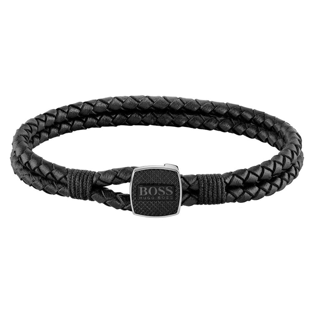 Hugo Boss Double Rope Black Leather Mens Bracelet