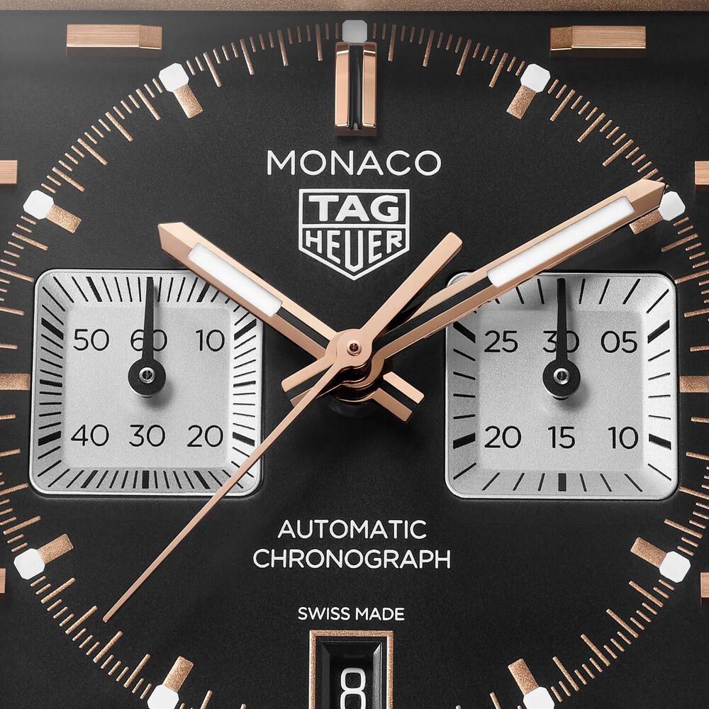TAG Heuer Monaco Chronograph 39mm Titanium & 18K 5N Rose Gold Case Black Leather Strap Watch