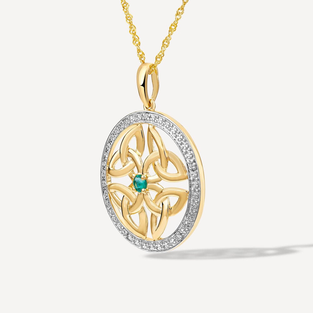 14ct Yellow Gold Diamond & Emerald Trinity Knot Pendant image number 1
