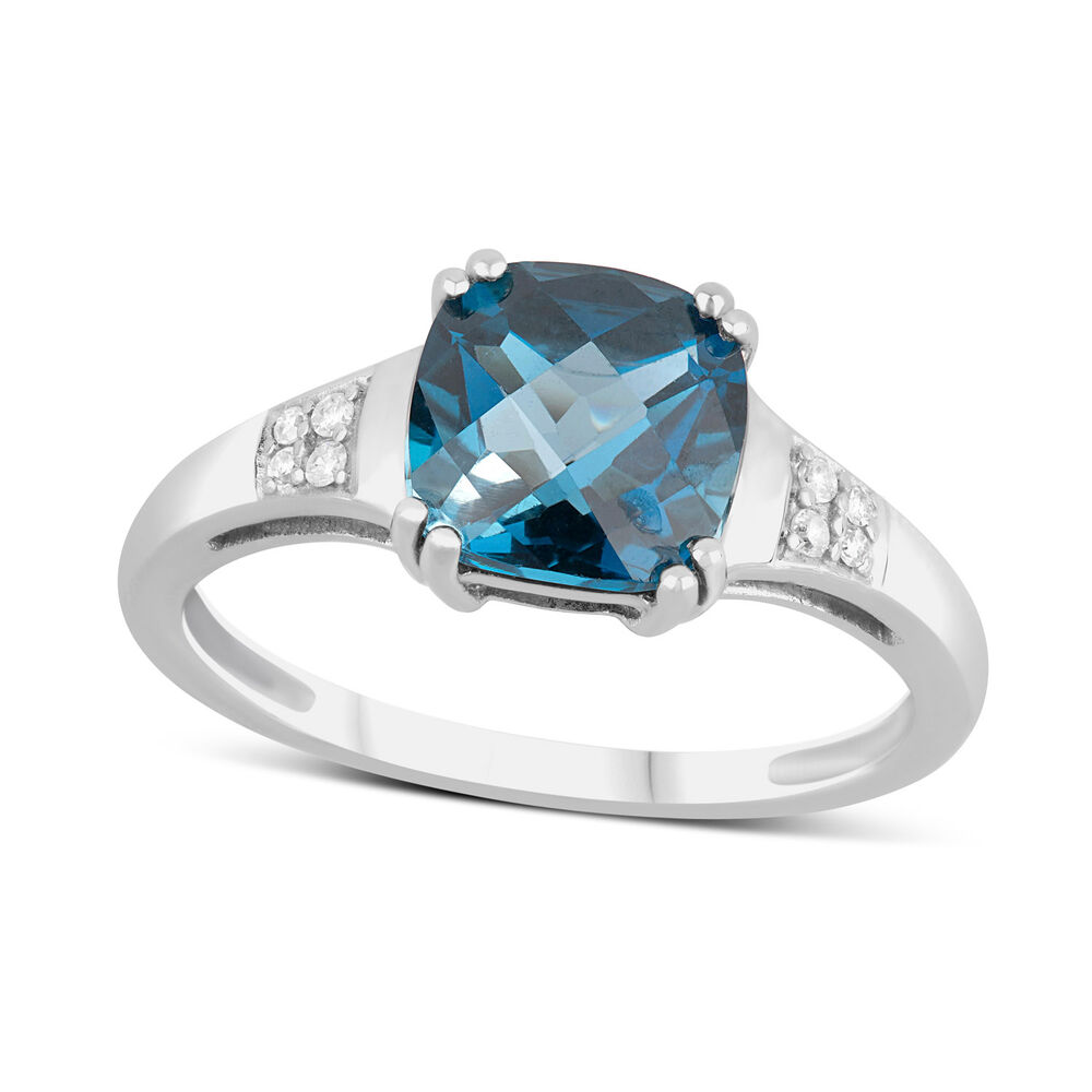 9ct White Gold 0.02ct Diamond Sides Cushion Blue Topaz Ring image number 0