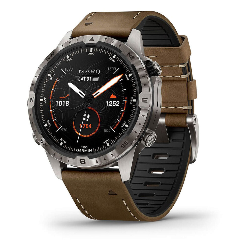 Garmin MARQ® Adventurer (Gen 2) 46mm Titanium Case Brown Hybrid Strap Watch image number 1