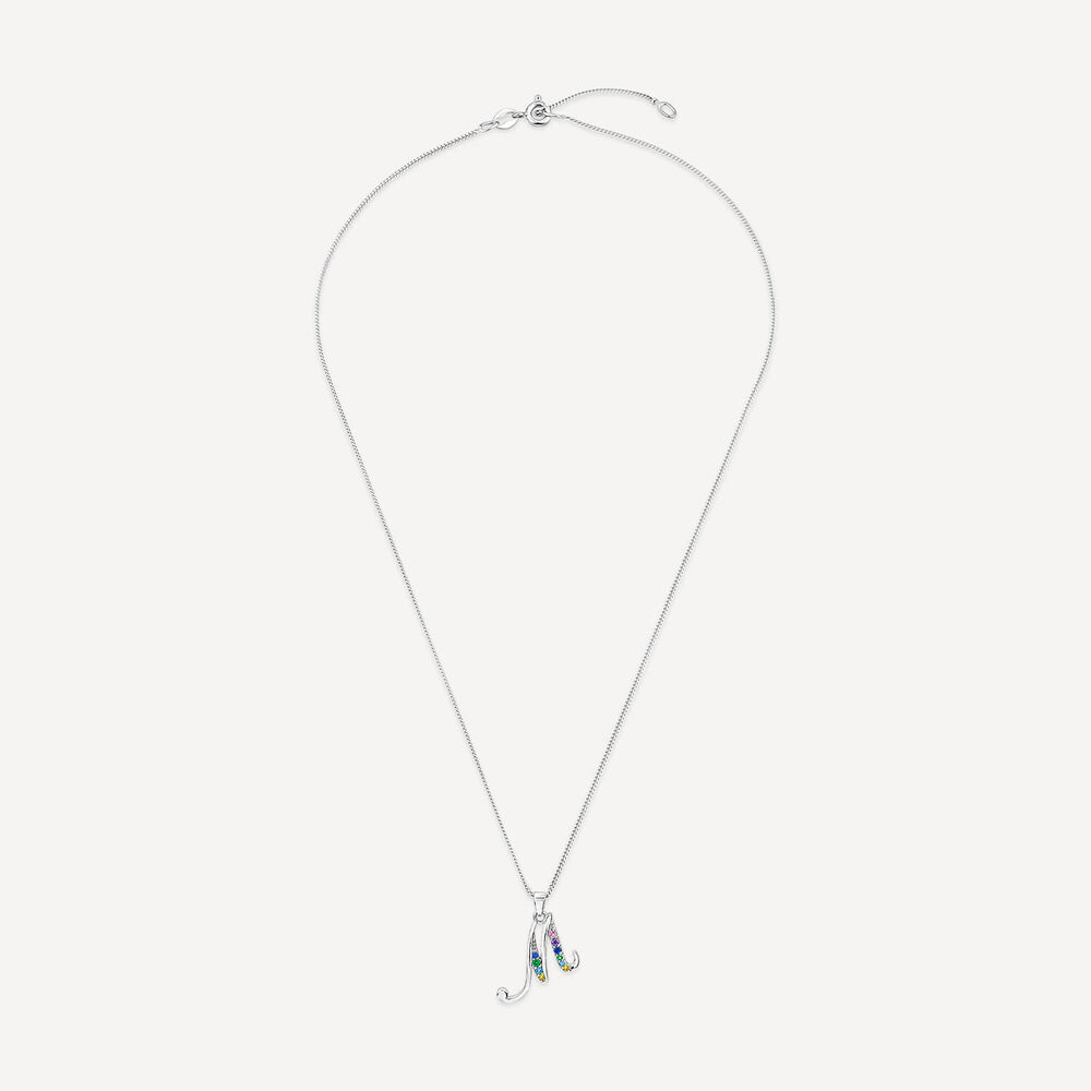 Sterling Silver Coloured Stone Set Initial "M" Pendant - Chain Included image number 2