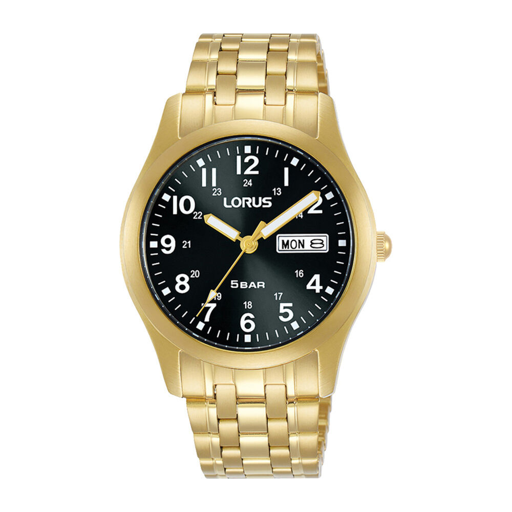 Lorus Quartz Gents 38mm Black Dial Gold Tone Steel Bracelet Watch image number 0