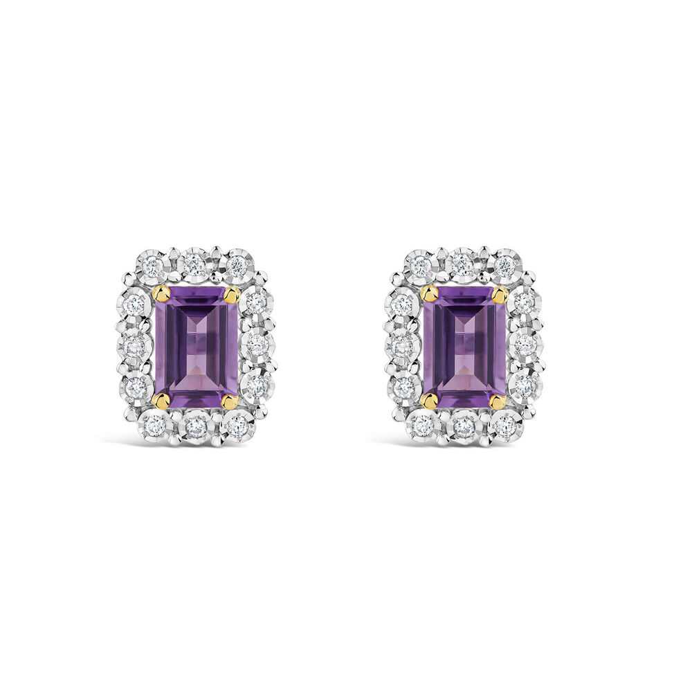 9ct Yellow Gold Rectangular Amethyst Centre 0.11ct Diamond Halo Stud Earrings