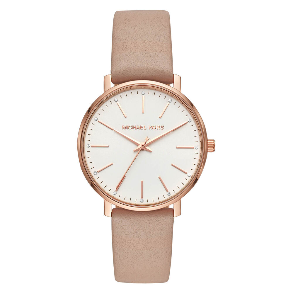 Michael Kors Pyper Silver & Rose Gold Dial Brown Leather Strap Watch