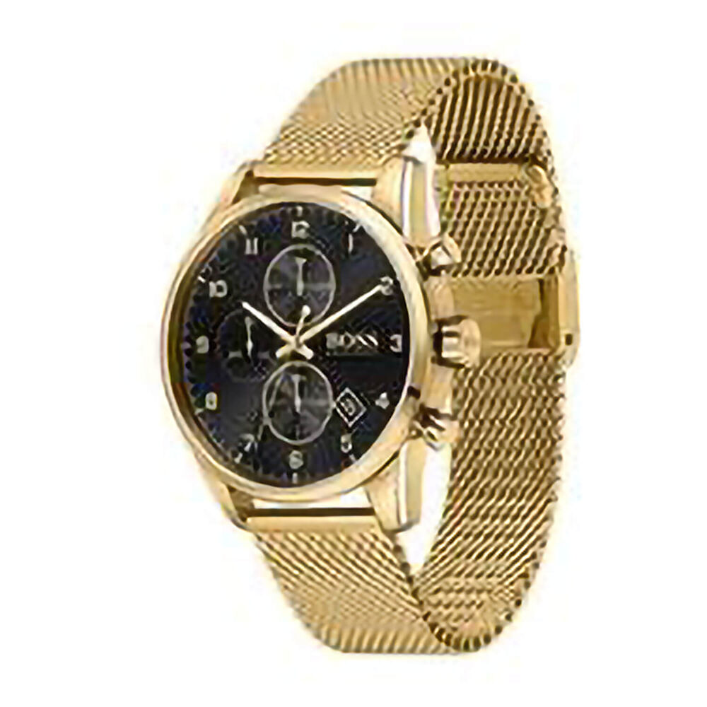 Hugo Boss Skymaster 44mm Chronograph Black Dial Yellow Gold IP Mesh Bracelet Watch