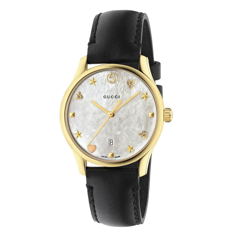 Gucci G-Timeless Pearl Dial Black Calfskin Leather Strap Ladies' Watch
