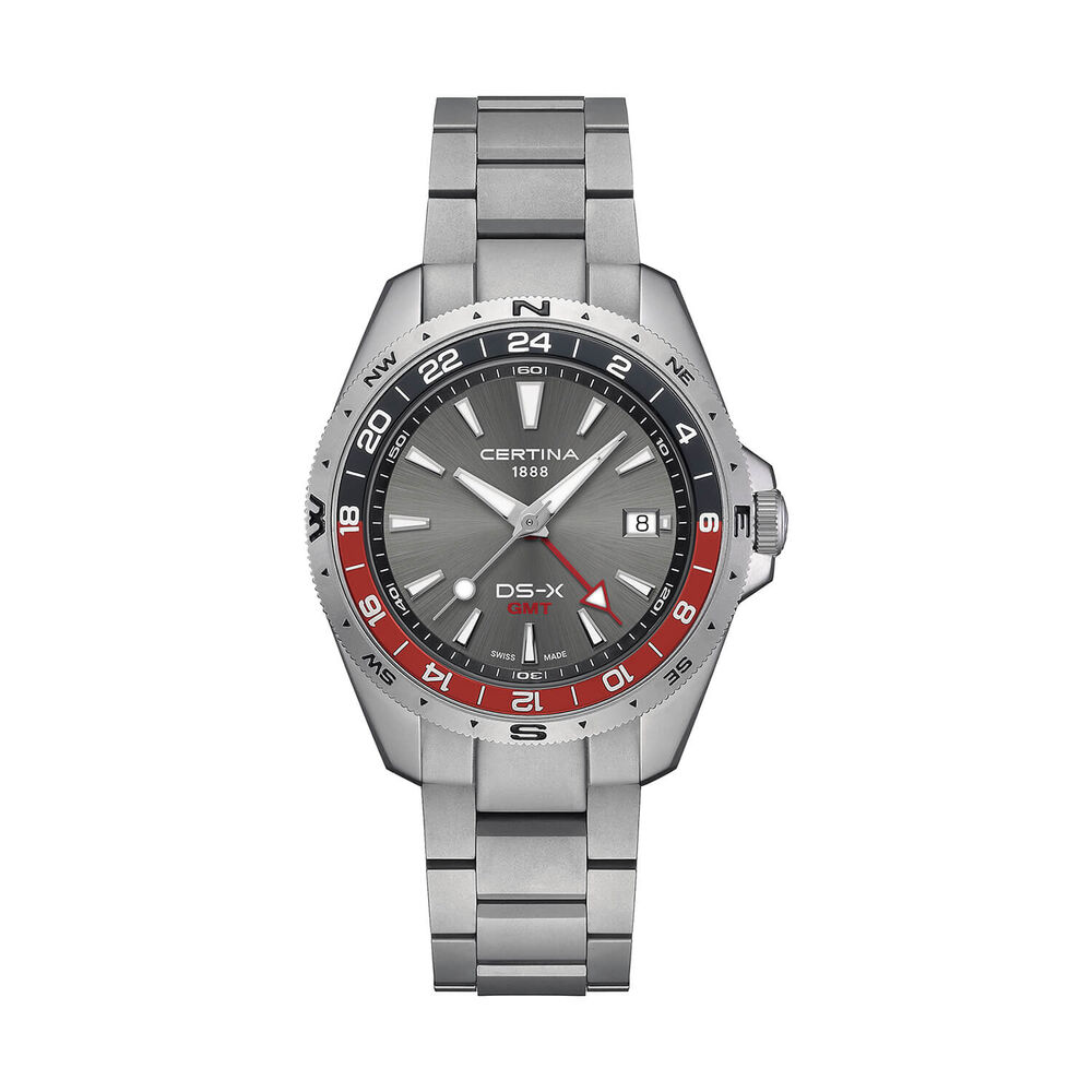 Certina DS-X GMT 41mm Grey Dial Grey & Red Bezel Stainless Steel Bracelet Watch image number 0