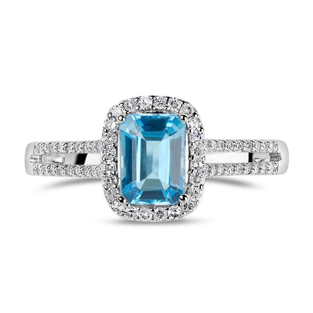 9ct White Gold 0.20ct Diamond and Blue Topaz Emerald Halo Ring image number 1