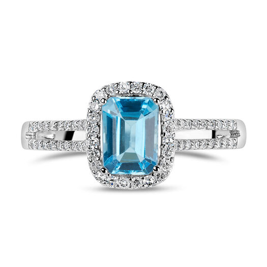 9ct White Gold 0.20ct Diamond and Blue Topaz Emerald Halo Ring