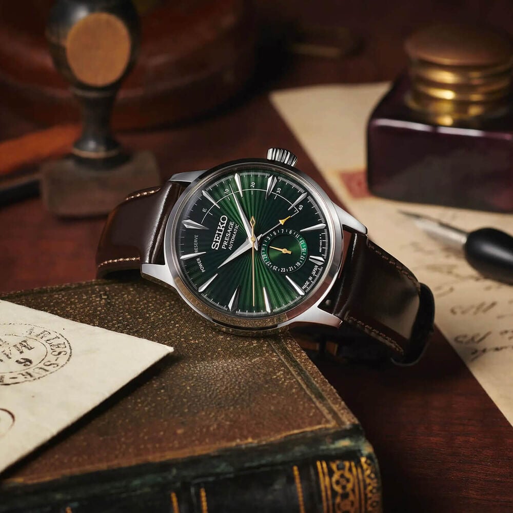Seiko Presage Cocktail Time ‘Mockingbird’ 40.5mm Green Dial Brown Strap Watch image number 3
