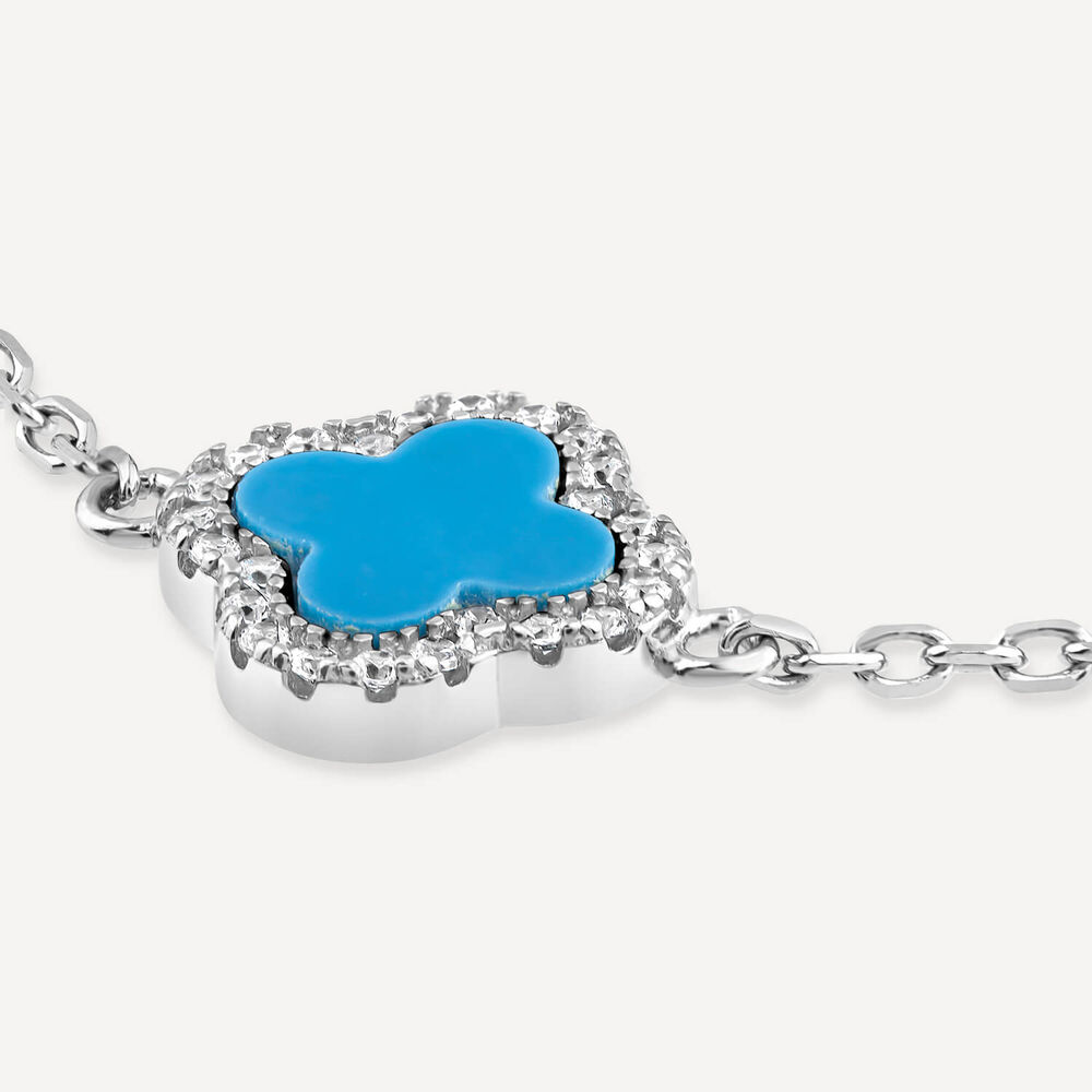 Sterling Silver Turqoise Centre Cubic Zirconia Set Clover Petal Bracelet image number 2