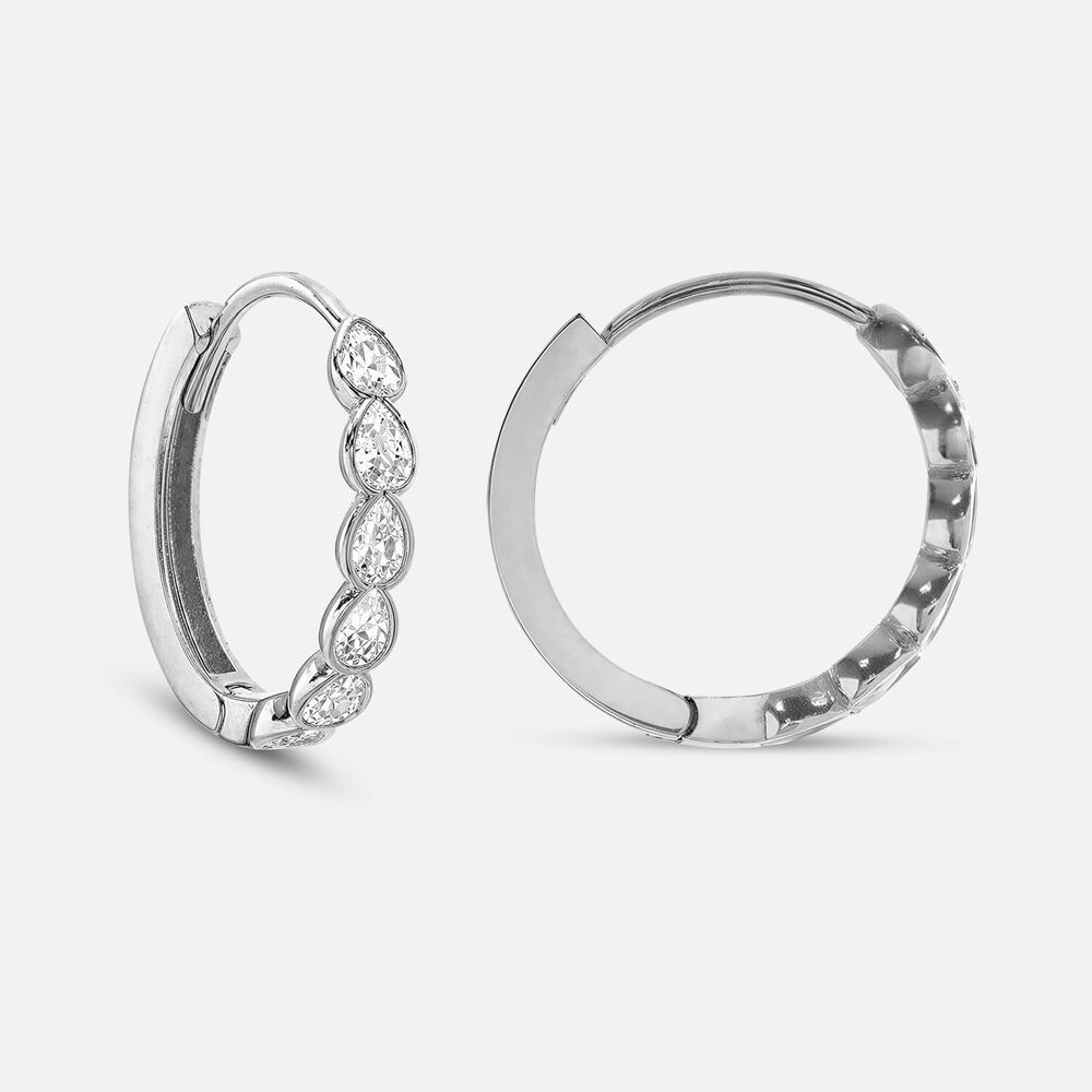 9ct White Gold Pear Cubic Zirconia Bezel Set Hoop Earrings