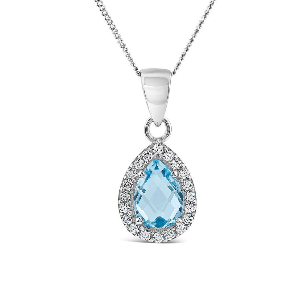 9ct White Gold Pear Blue Topaz & Cubic Zirconia Pendant (Chain Included) image number 0