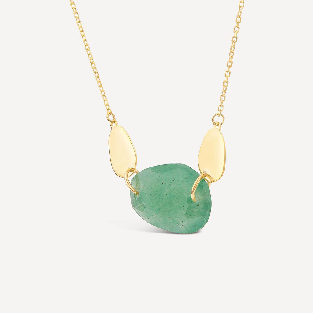 9ct Yellow Gold Polished Disc & Aventurine Verde Green Pebble Necklet image number 1