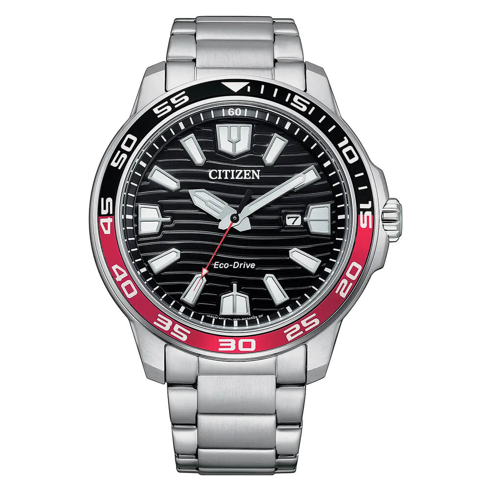 Citizen Eco-Drive Sport 45mm Black Dial Black & Red Bezel Steel Bracelet Watch image number 0