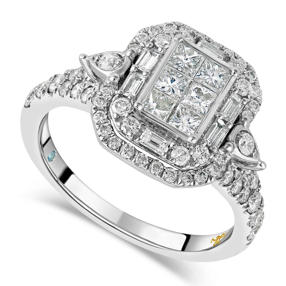 18ct White Gold Rectangular Princess & Baguette Halo Shoulders Ring