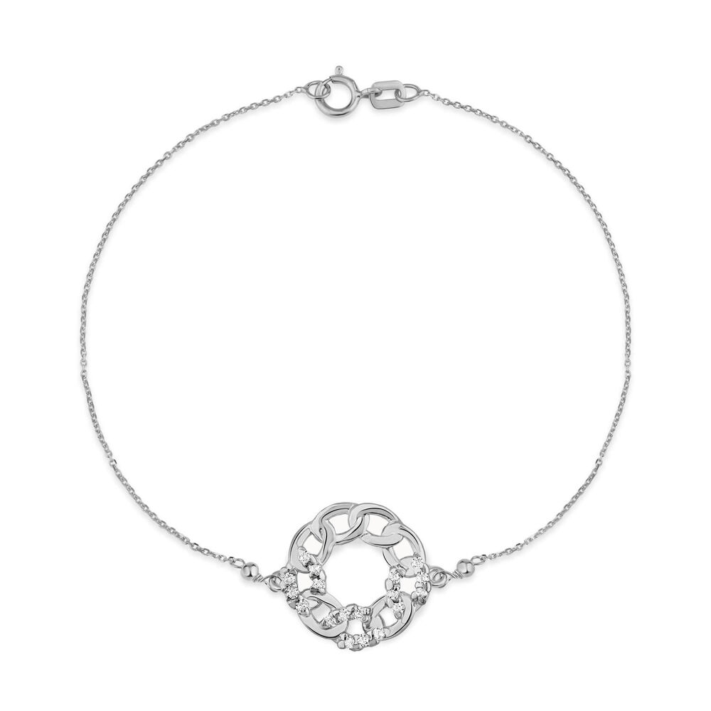 9ct White Gold Cubic Zirconia Set Curb Circle Chain Bracelet