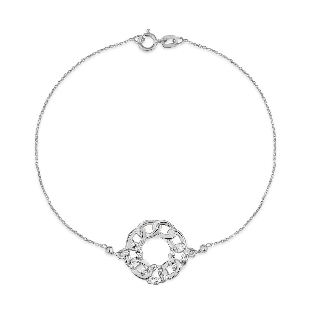 9ct White Gold Cubic Zirconia Set Curb Circle Chain Bracelet