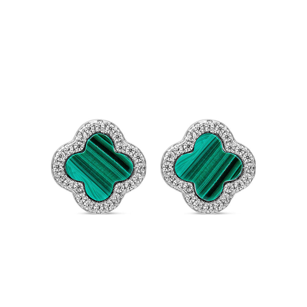 Sterling Silver Malachite & Cubic Zirconia Clover Petal Stud Earrings