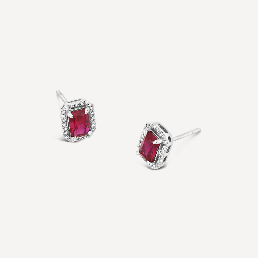 9ct White Gold Created Ruby And Diamond Rectangular Stud Earrings