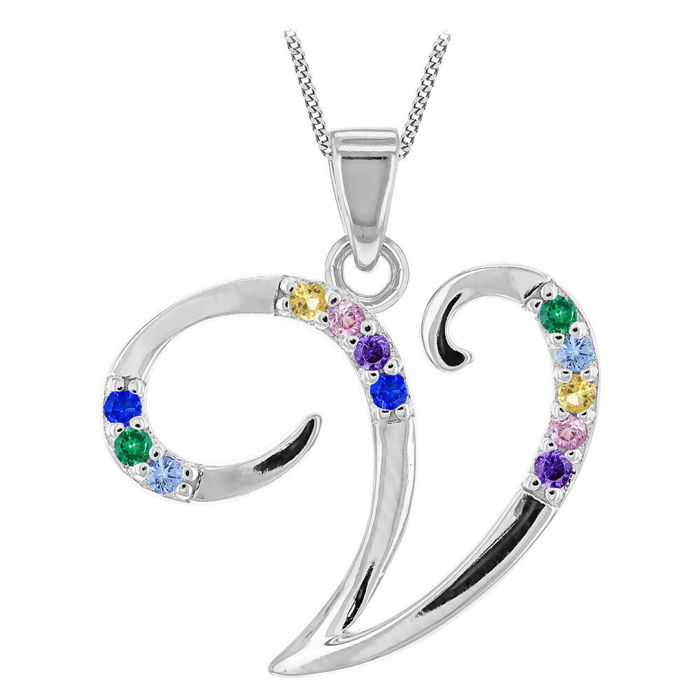 Sterling Silver Coloured Stone Set Initial "V" Pendant - Chain Included image number 0