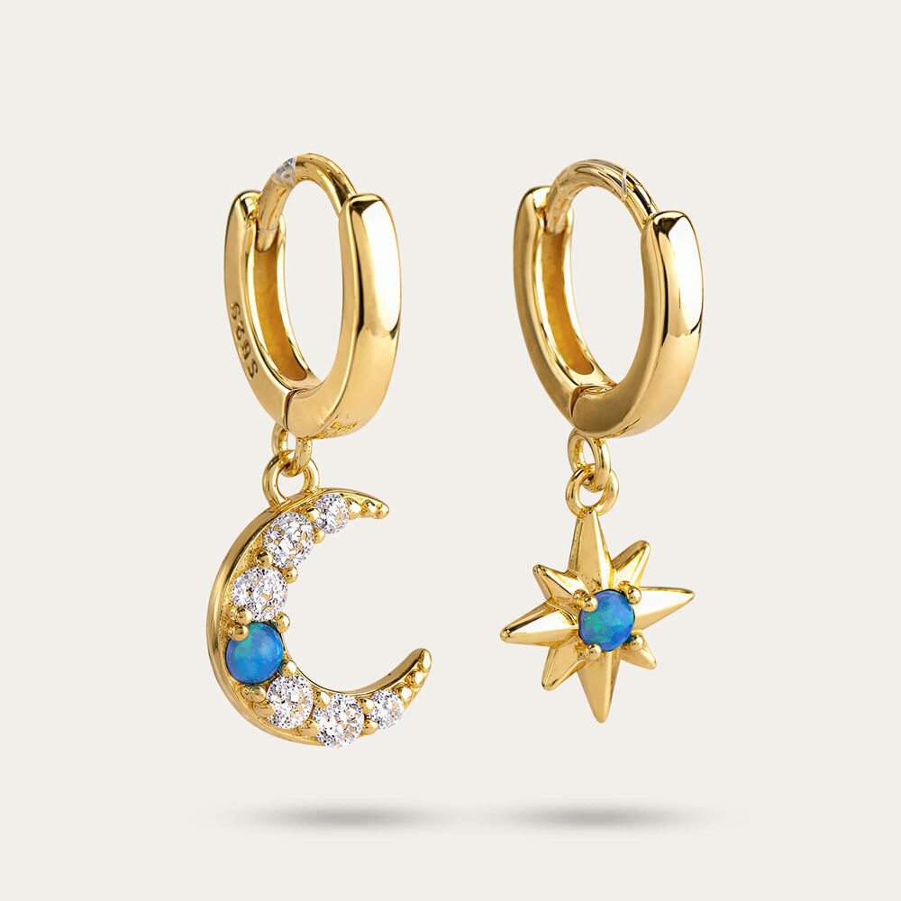 Yellow Gold Plated Sterling Silver Moon & Star Mixed Pair Drop Earrings