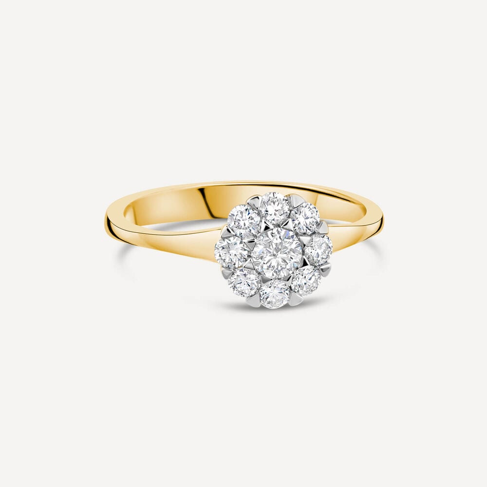 18ct Yellow Gold 0.56ct Round Flower Cluster Diamond Polished Band Engagement Ring image number 3