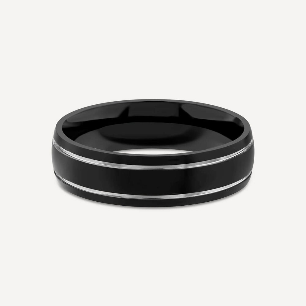 Black Titanium Silver Coloured Double Line Mens Ring image number 2