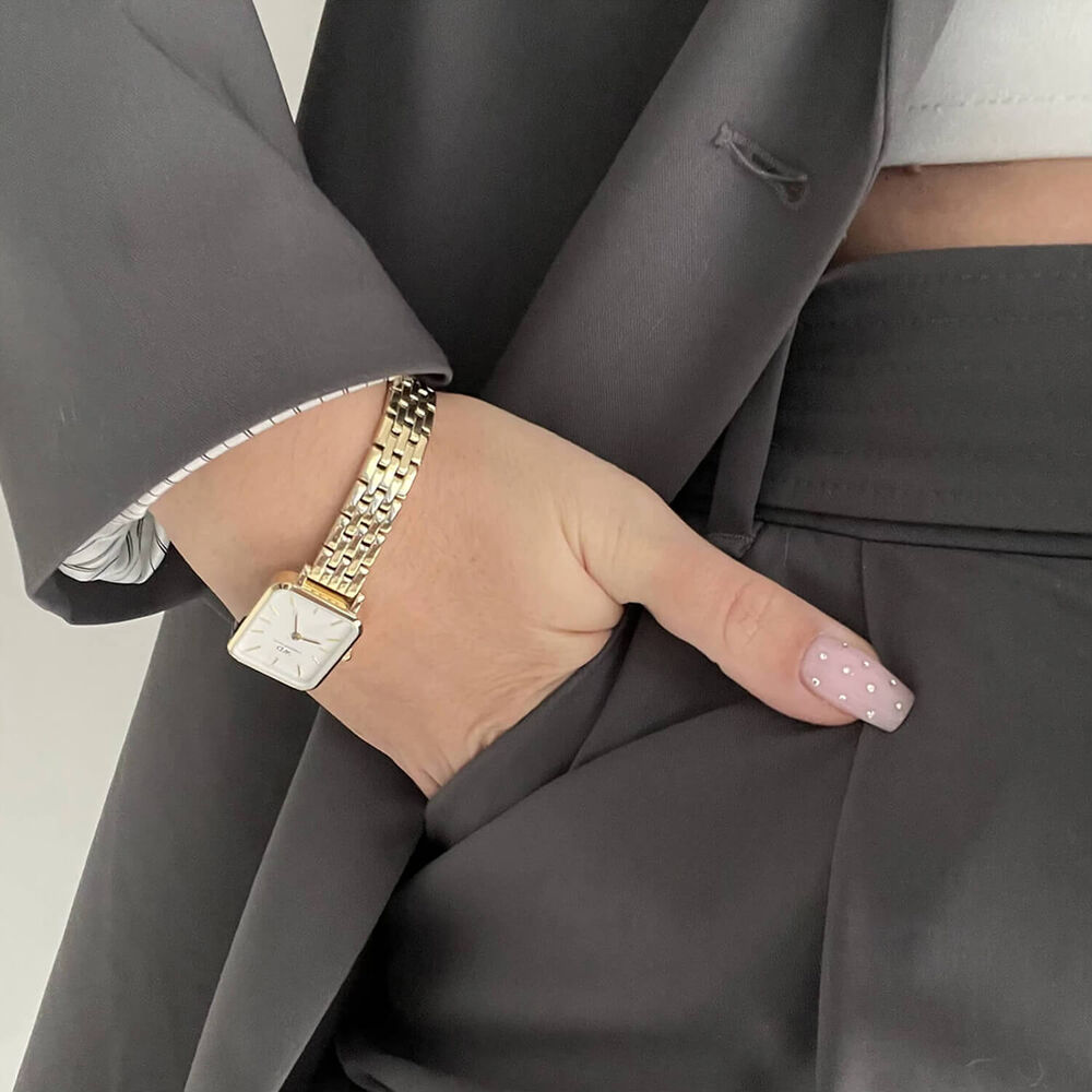 Daniel Wellington Quadro 5-Link Evergold 20x26mm White Dial Gold Plated Steel Bracelet Watch image number 3
