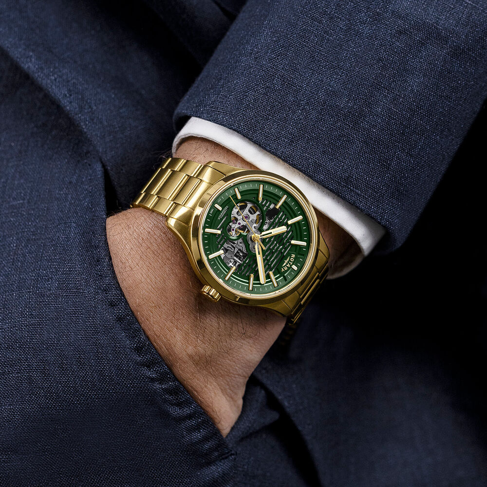 Rotary Greenwich Skeleton 42mm Green Dial Gold Plated Stainless Steel Bracelet Watch