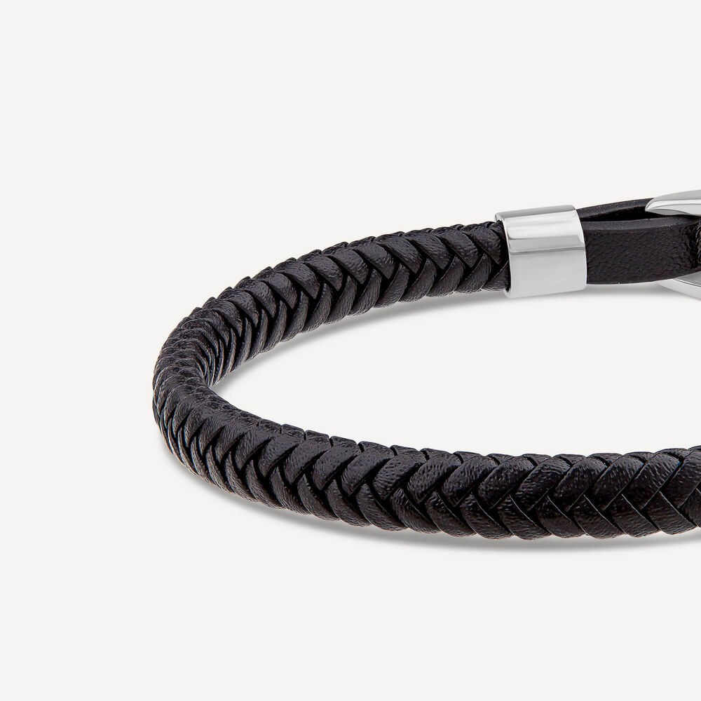 Men's Steel & Black Leather Plait Bracelet image number 1