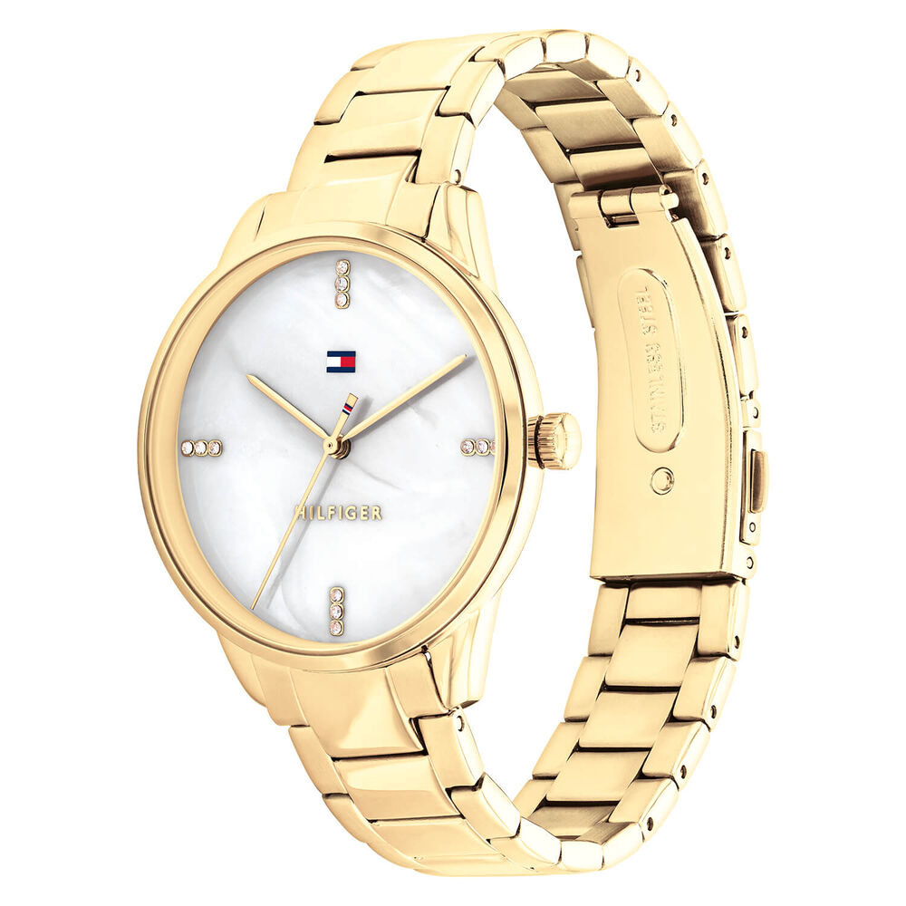 Tommy Hilfiger 36mm White Mother of Pearl Dial Yellow Gold & Steel Mesh Bracelet Watch image number 2