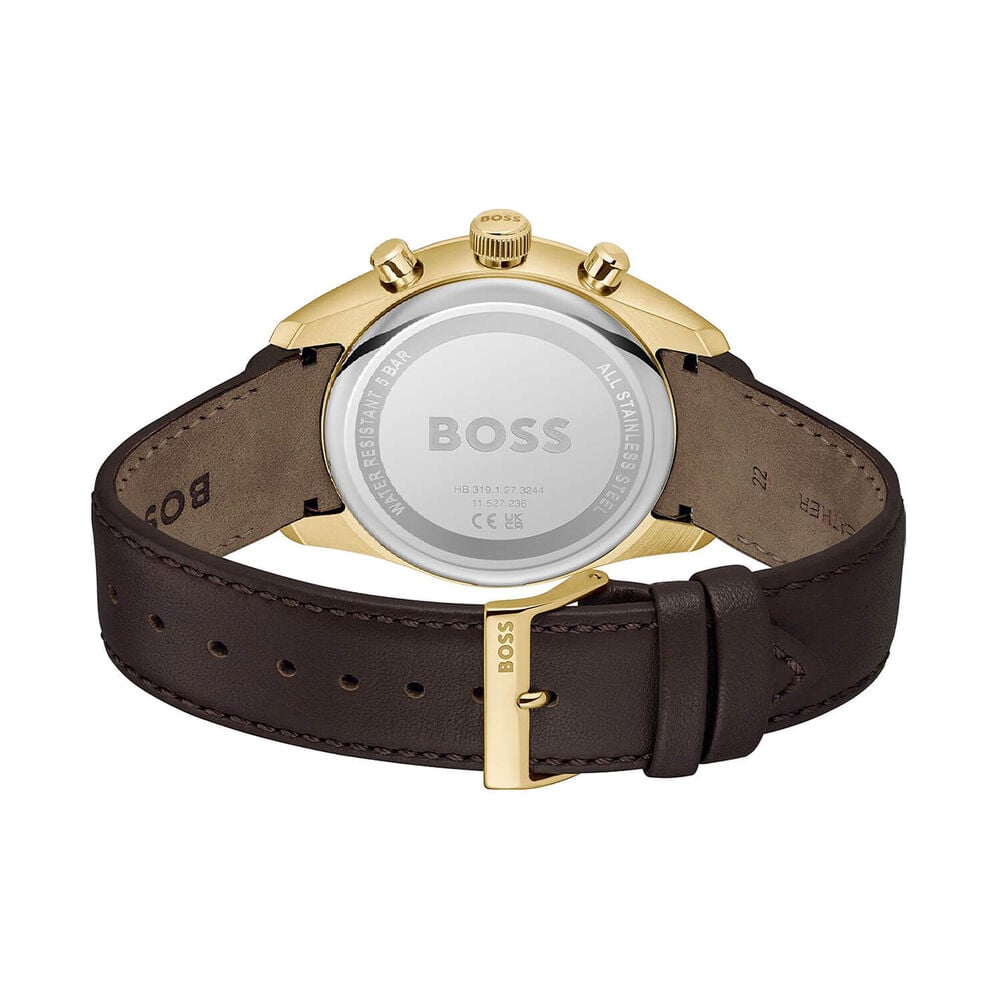 BOSS Grand Prix 44mm Silver Dial Gold Tone Case Brown Leather Strap Watch image number 2