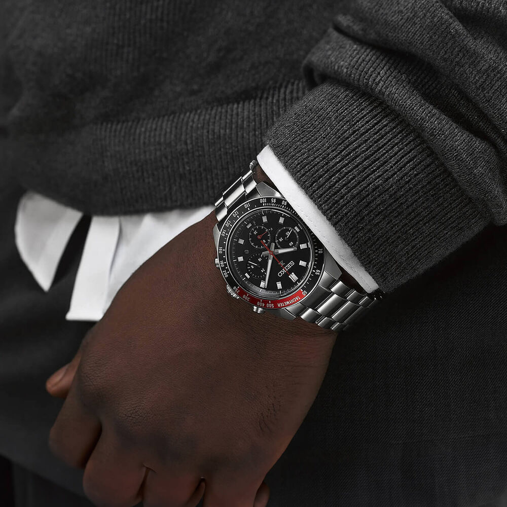 Seiko Prospex Speedtimer 41.4mm Solar Chronograph Black & Red Bezel Steel Bracelet Watch image number 5