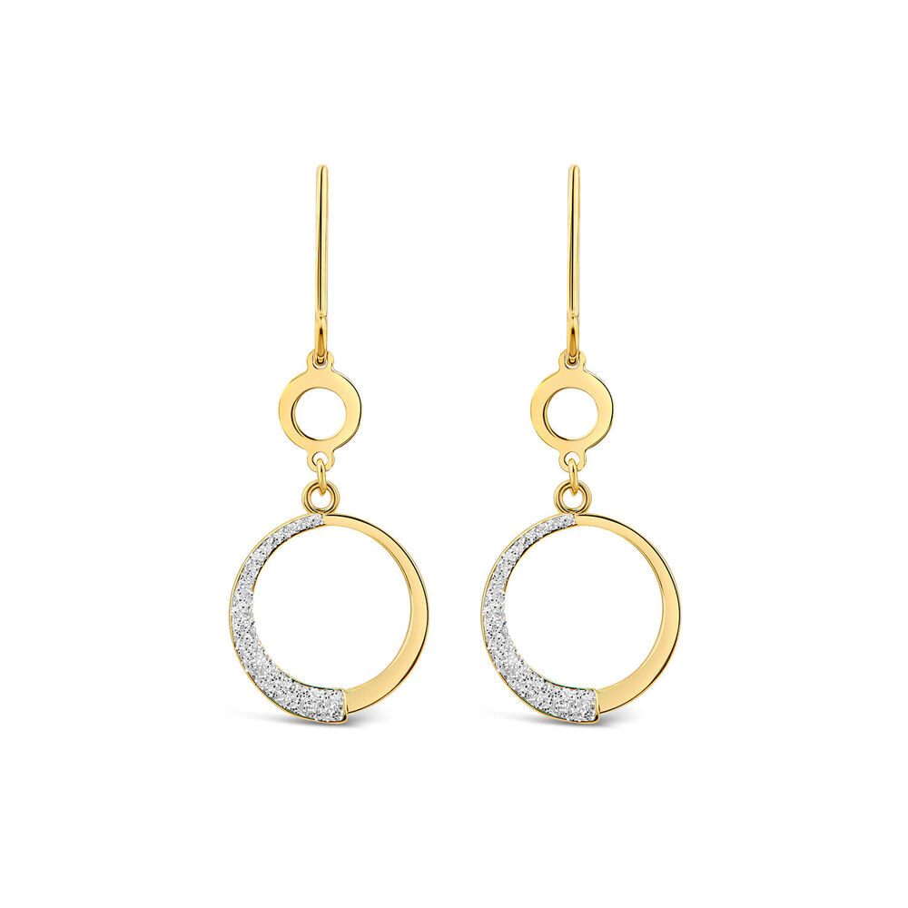 9ct Yellow Gold Half Glitter& Polished Round Disc Circle Drop Earrings image number 0