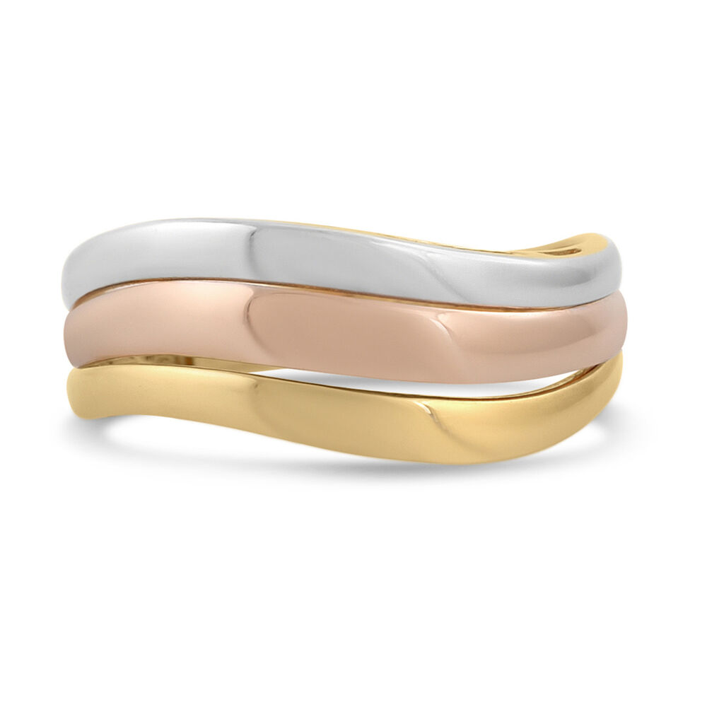 9ct Three Colour Gold Wave Band Dress Ring image number 1