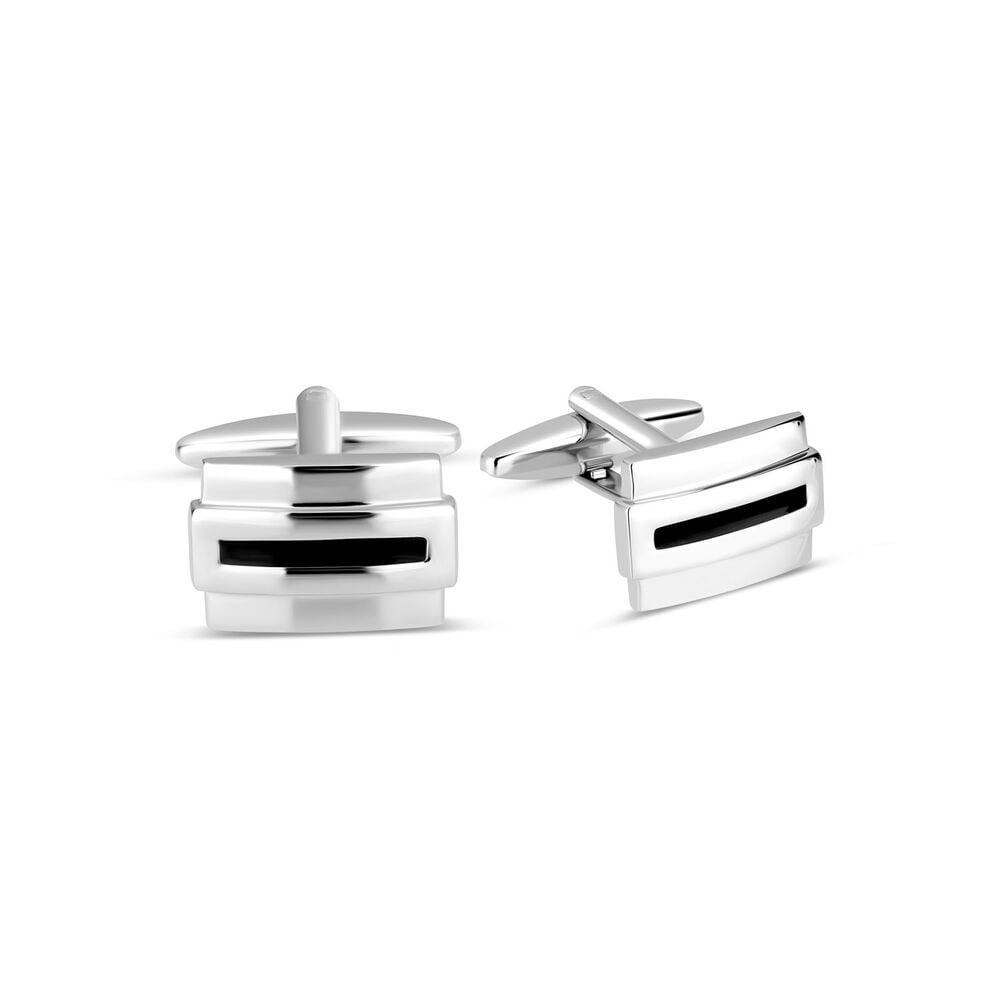 Gents Silver-Plated Rectangular Black Stripe Cufflinks image number 1
