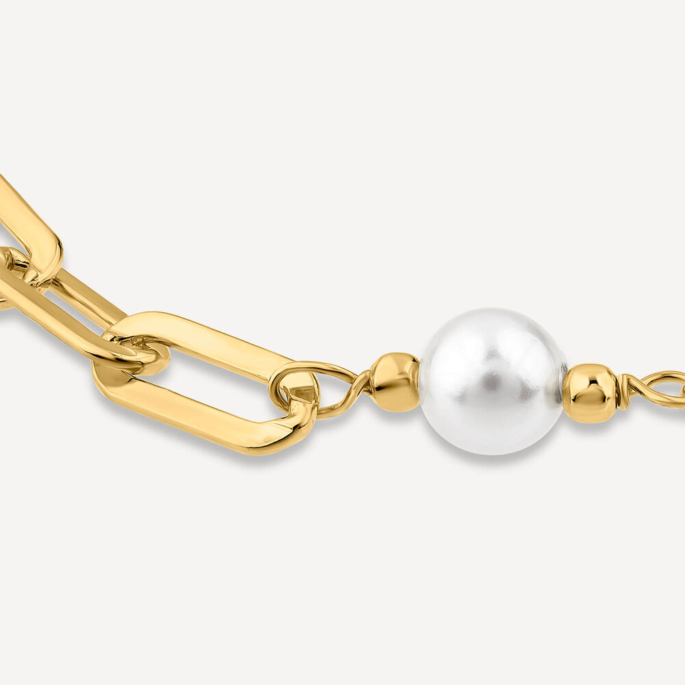 Yellow Gold Plated Sterling Silver Stationed Pearls Paperlink Bracelet image number 2