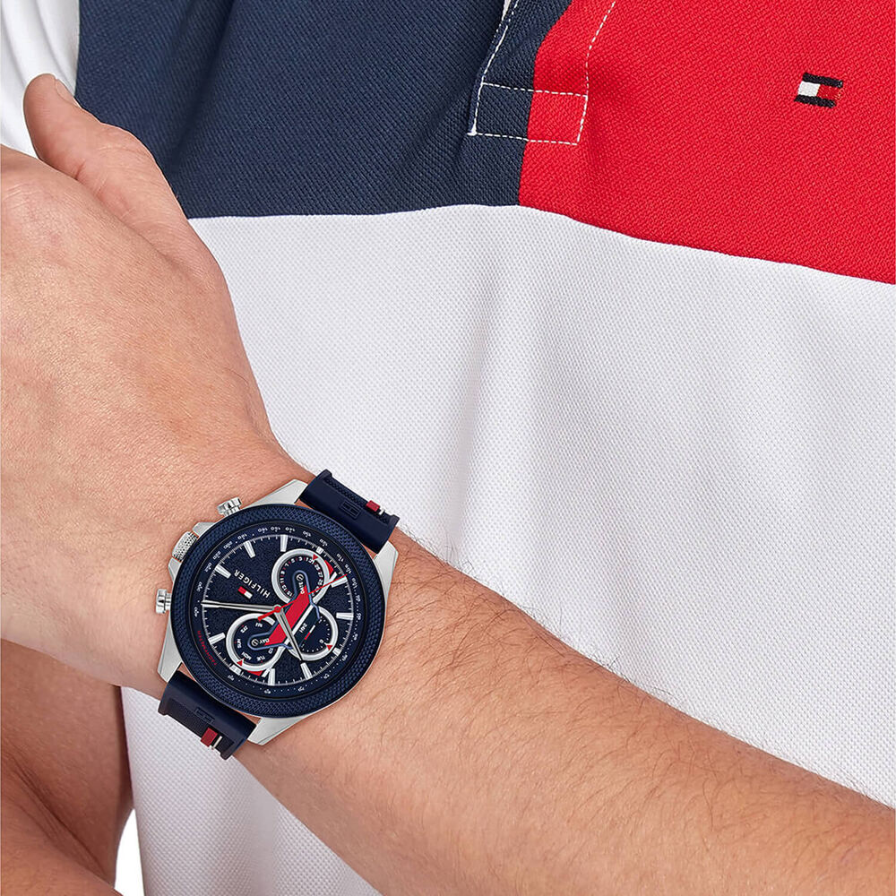 Tommy Hilfiger 46mm Red & Blue Dial Silicone Strap Watch image number 3
