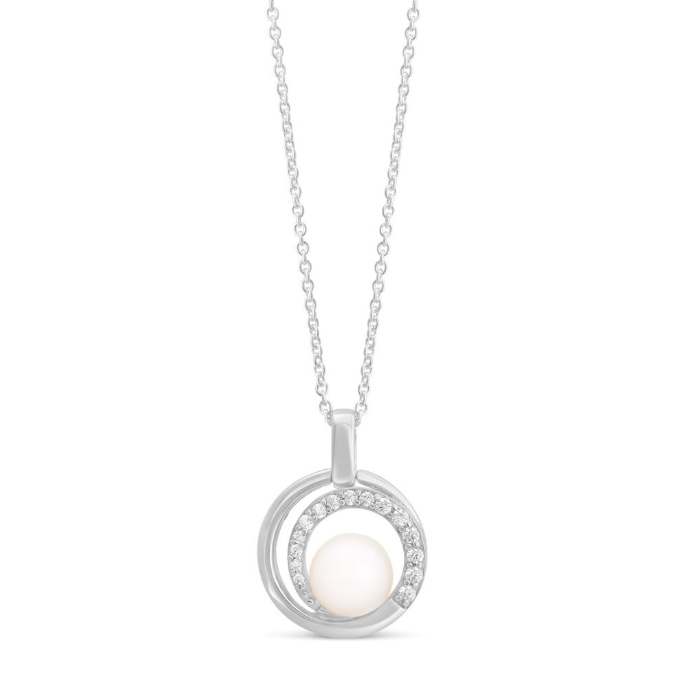 Sterling Silver Freshwater Cultured Pearl and Cubic Zirconia Circle Pendant (Chain Included) image number 0