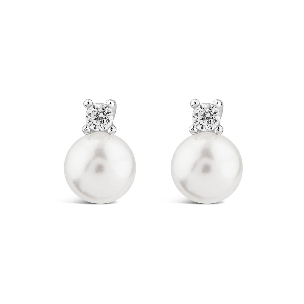 Sterling Silver Pearl & Cubic Zirconia Top Stud Earrings