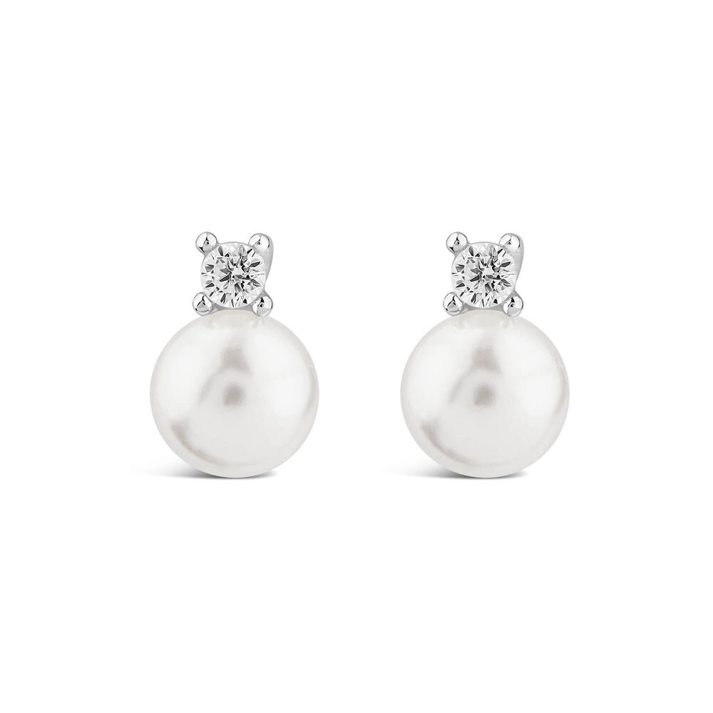 Sterling Silver Pearl & Cubic Zirconia Top Stud Earrings