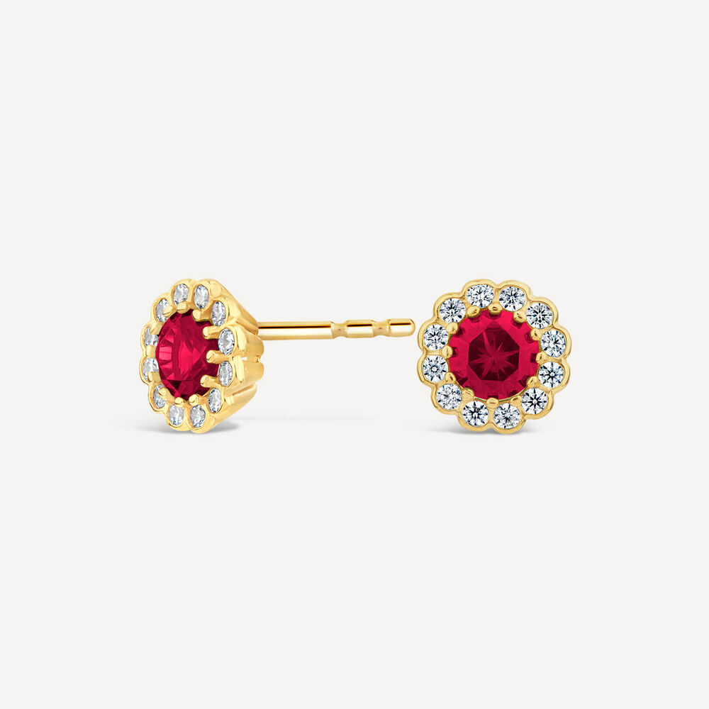 9ct Yellow Gold Simulated Ruby Flower Stud Earrings image number 1